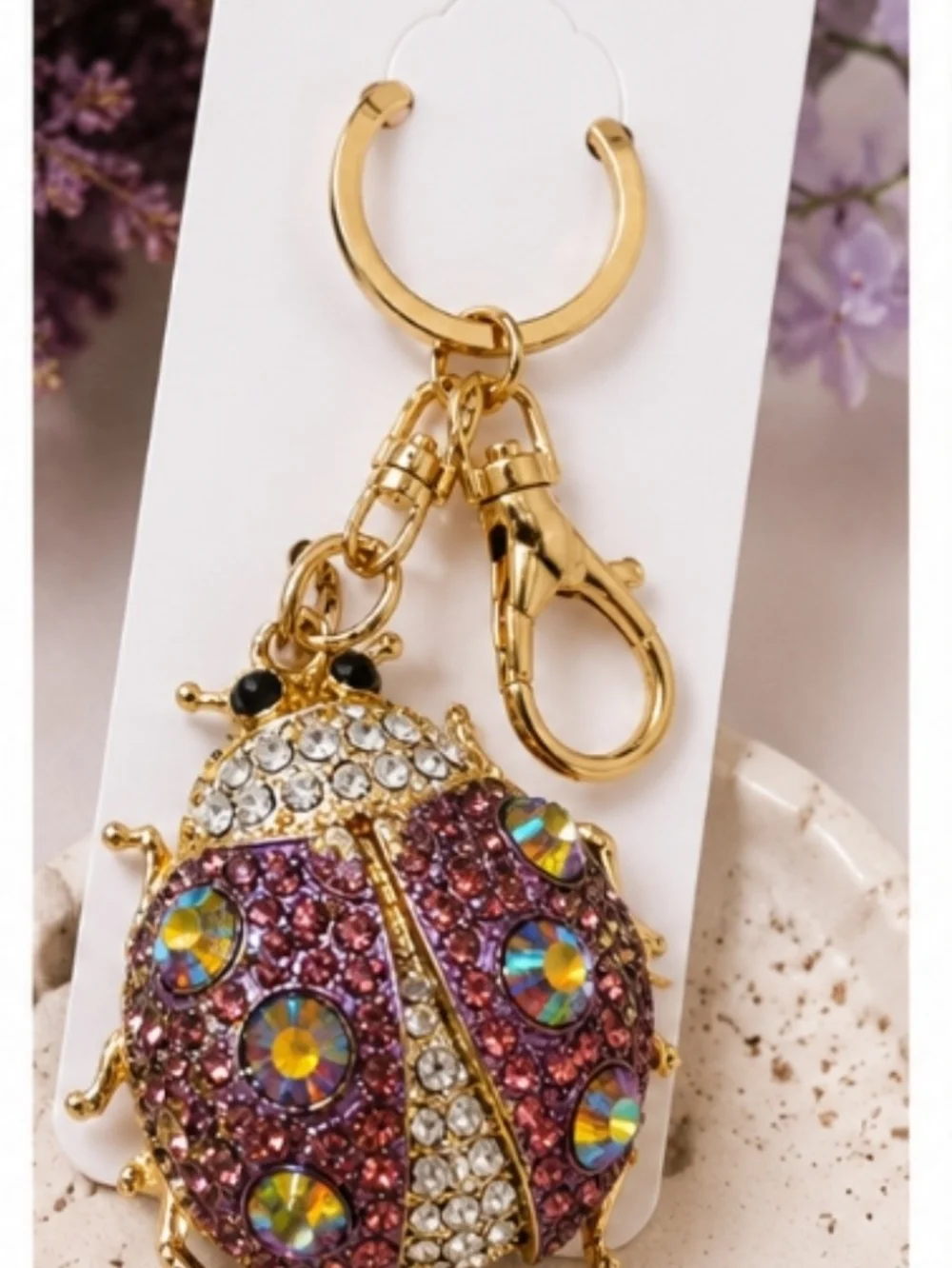 Gold-Tone Purple Crystal Ladybug Keychain